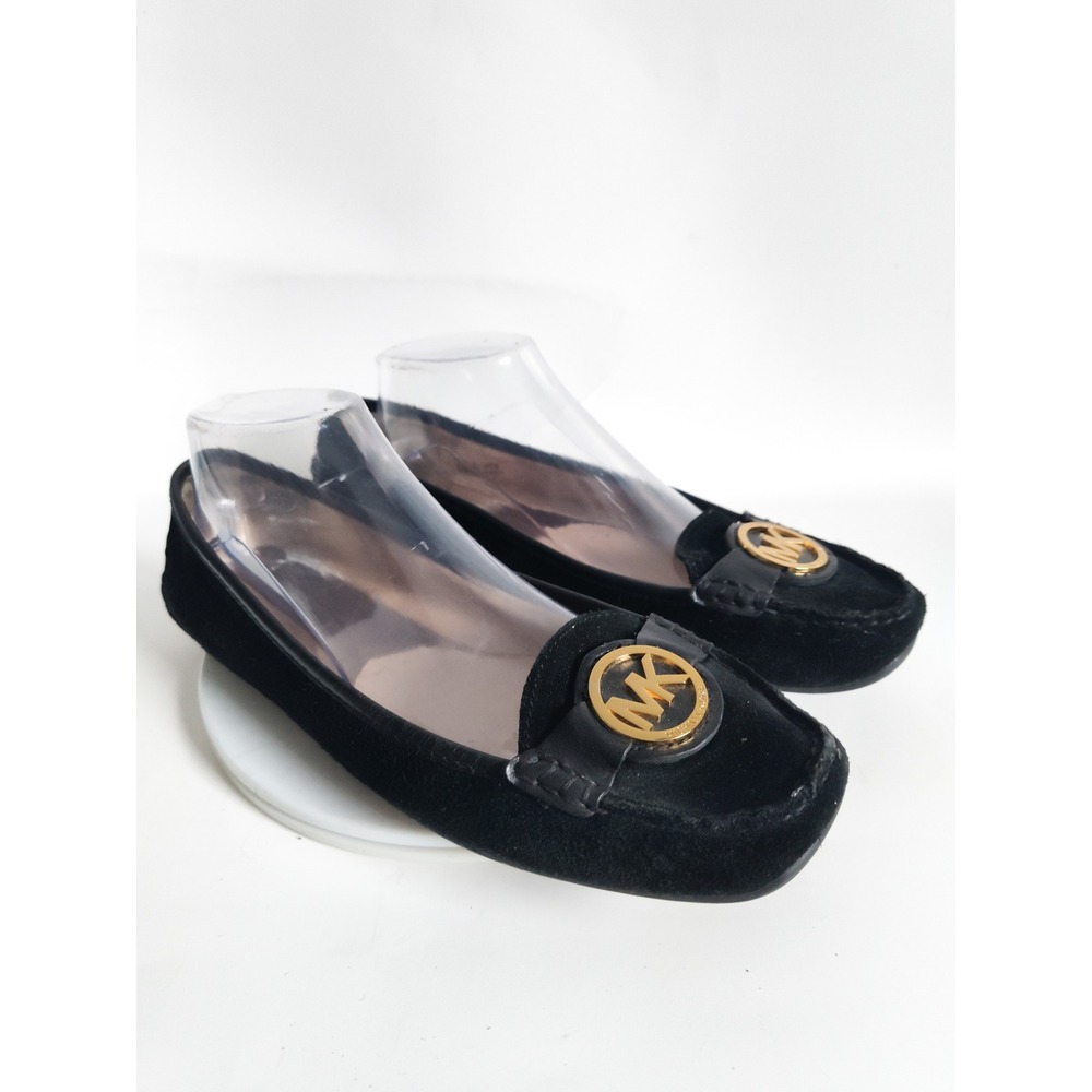 Michael Kors Moccasin Flats 10 Black Suede Leather MK Logo Gold Driving Loafers
